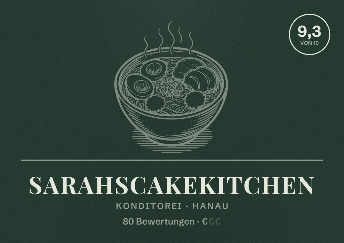 Illustriertes Poster von SarahsCakeKitchen, Konditorei in Hanau: Bewertung 9,3 von 10 aus 80 Bewertungen, Preisniveau €