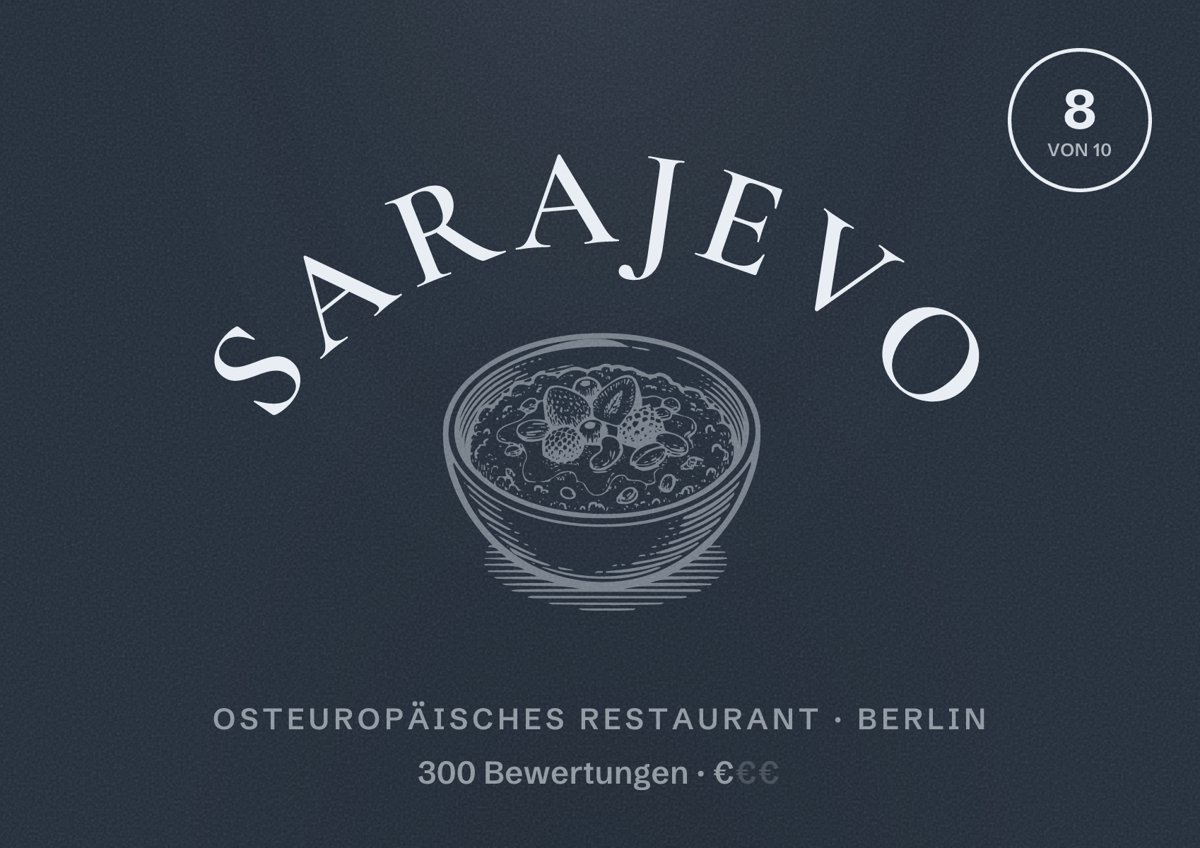 Illustriertes Poster von Sarajevo, Osteuropäisches Restaurant in Berlin: Bewertung 8,0 von 10 aus 300 Bewertungen, Preisniveau €