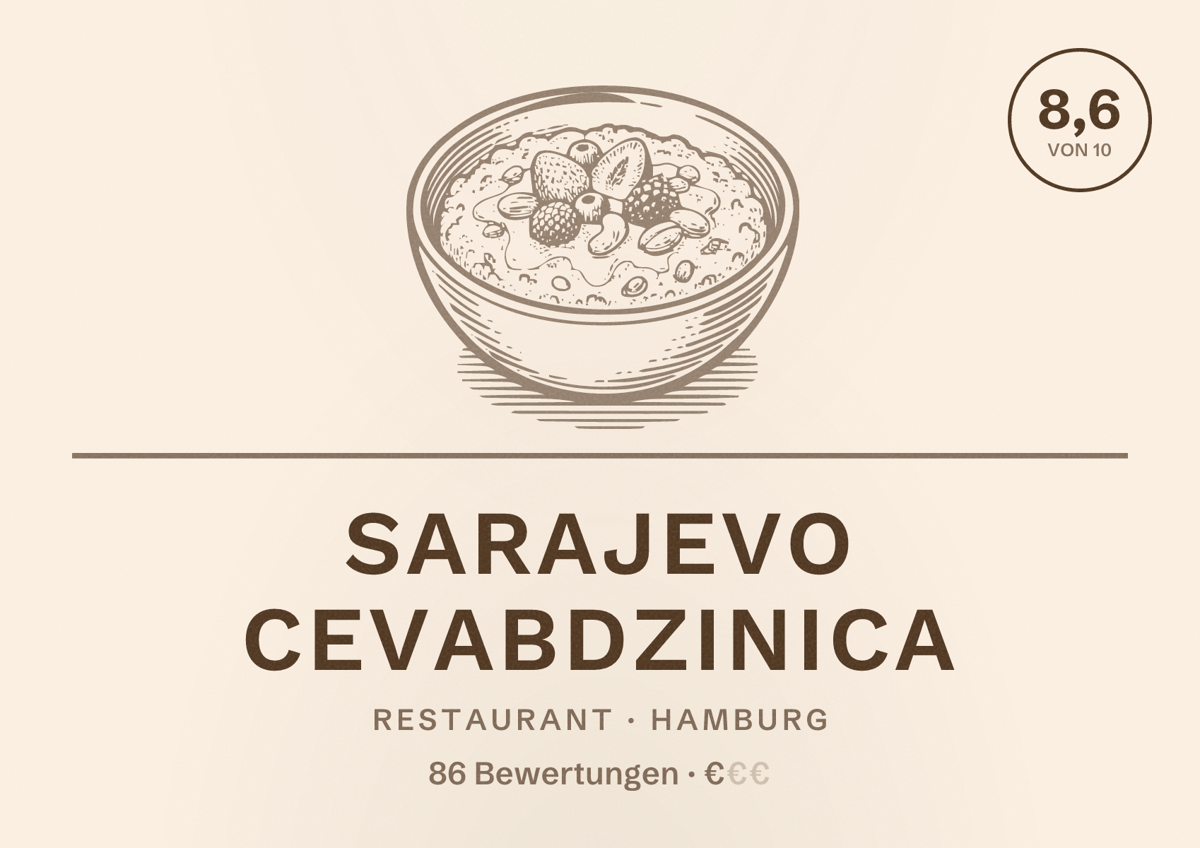 Illustriertes Poster von Sarajevo Cevabdzinica, Restaurant in Hamburg: Bewertung 8,6 von 10 aus 86 Bewertungen, Preisniveau €