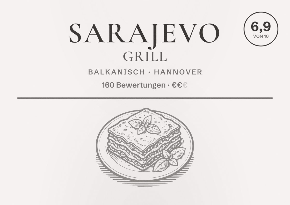Illustriertes Poster von Sarajevo Grill, Balkanisch in Hannover: Bewertung 6,9 von 10 aus 160 Bewertungen, Preisniveau €€