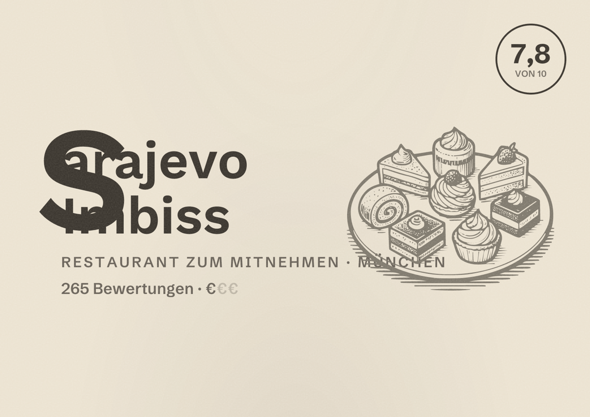 Illustriertes Poster von Sarajevo Imbiss, Restaurant zum Mitnehmen in München: Bewertung 7,8 von 10 aus 265 Bewertungen, Preisniveau €