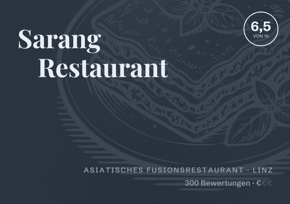 Illustriertes Poster von Sarang Restaurant, Asiatisches Fusionsrestaurant in Linz: Bewertung 6,5 von 10 aus 300 Bewertungen, Preisniveau €