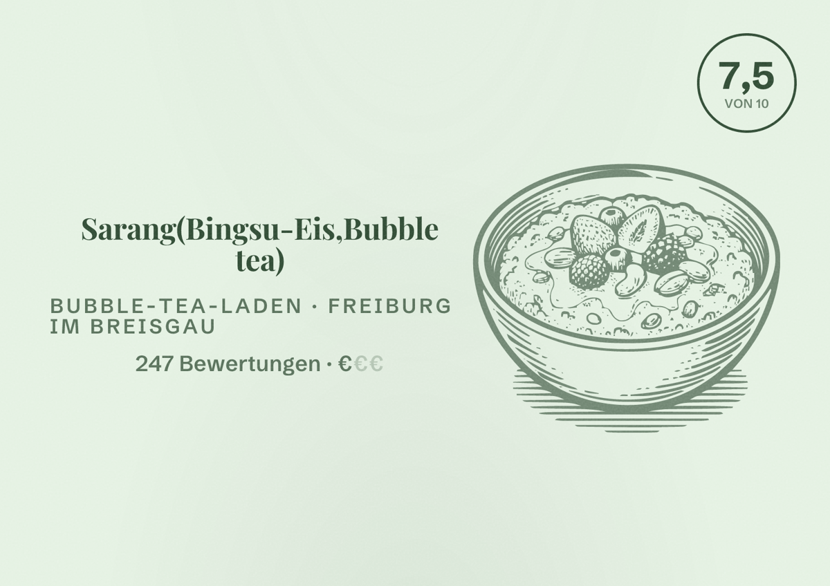Illustriertes Poster von Sarang(Bingsu-Eis,Bubble tea), Bubble-Tea-Laden in Freiburg im Breisgau: Bewertung 7,5 von 10 aus 247 Bewertungen, Preisniveau €
