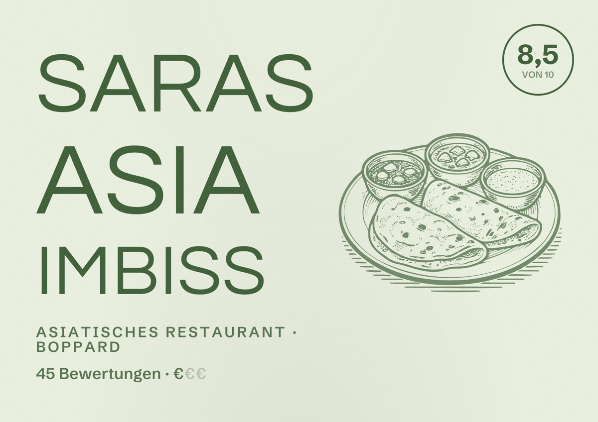 Illustriertes Poster von Saras Asia Imbiss, Asiatisches Restaurant in Boppard: Bewertung 8,5 von 10 aus 45 Bewertungen, Preisniveau €