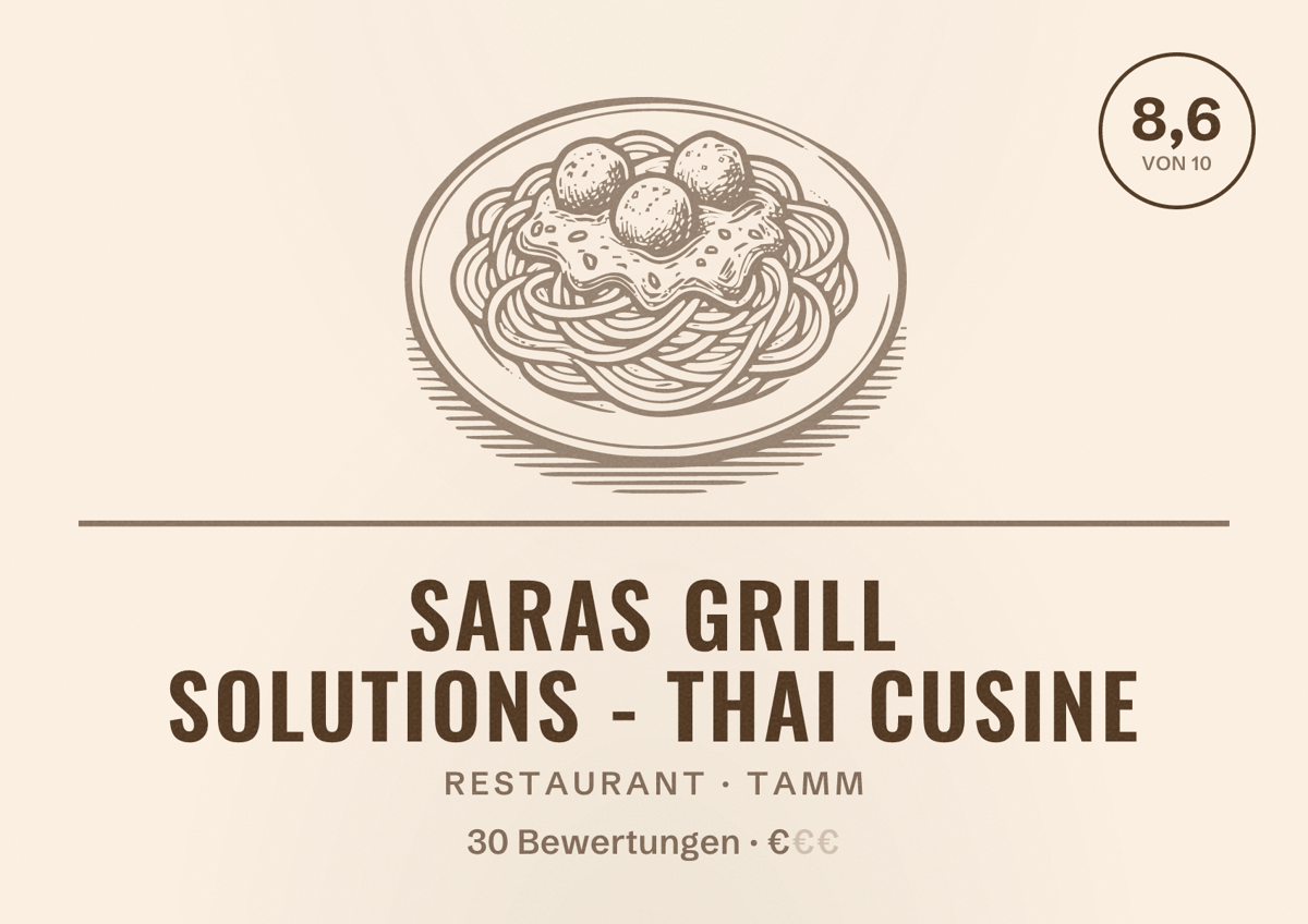 Illustriertes Poster von Saras Grill Solutions - Thai Cusine, Restaurant in Tamm: Bewertung 8,6 von 10 aus 30 Bewertungen, Preisniveau €