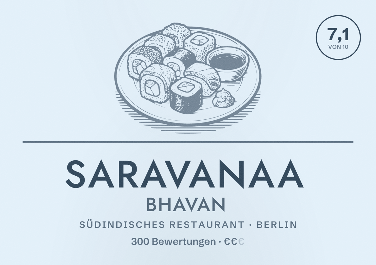 Illustriertes Poster von Saravanaa Bhavan, Südindisches Restaurant in Berlin: Bewertung 7,1 von 10 aus 300 Bewertungen, Preisniveau €€