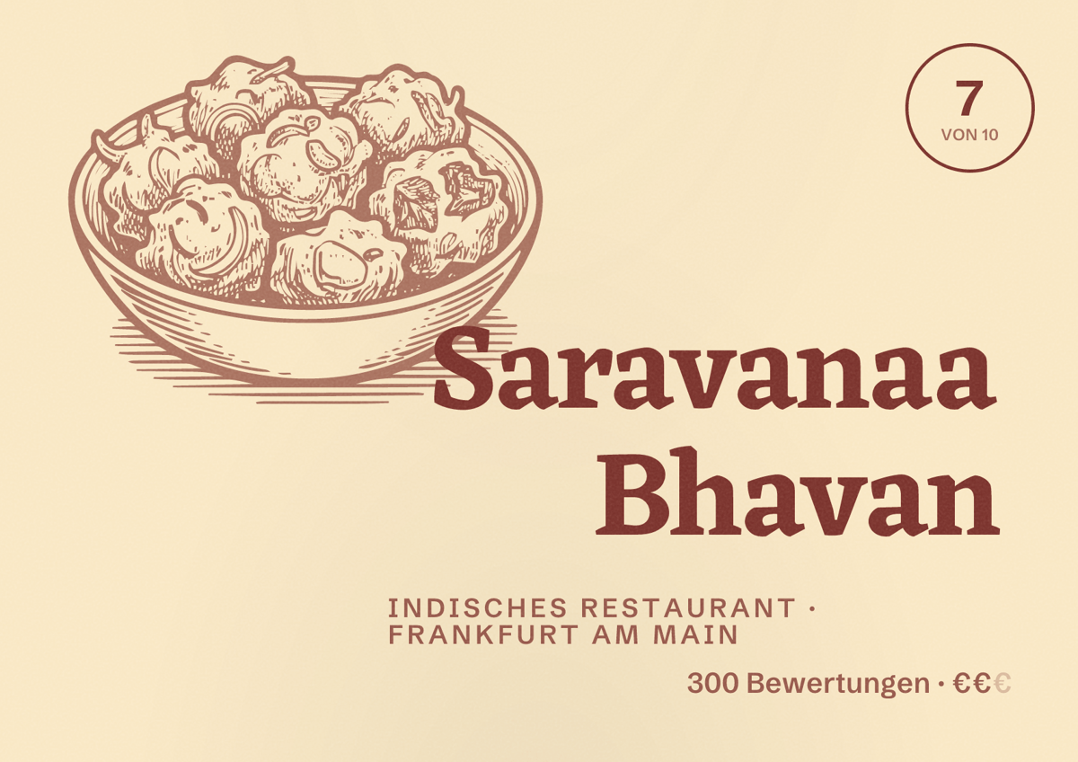 Illustriertes Poster von Saravanaa Bhavan, Indisches Restaurant in Frankfurt am Main: Bewertung 7 von 10 aus 300 Bewertungen, Preisniveau €€