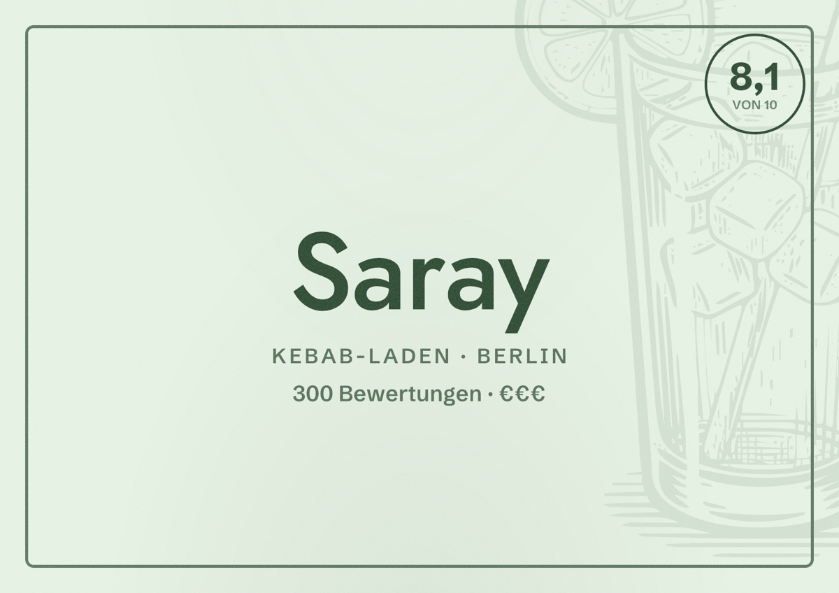 Illustriertes Poster von Saray, Kebab-Laden in Berlin: Bewertung 8,1 von 10 aus 300 Bewertungen, Preisniveau €€€