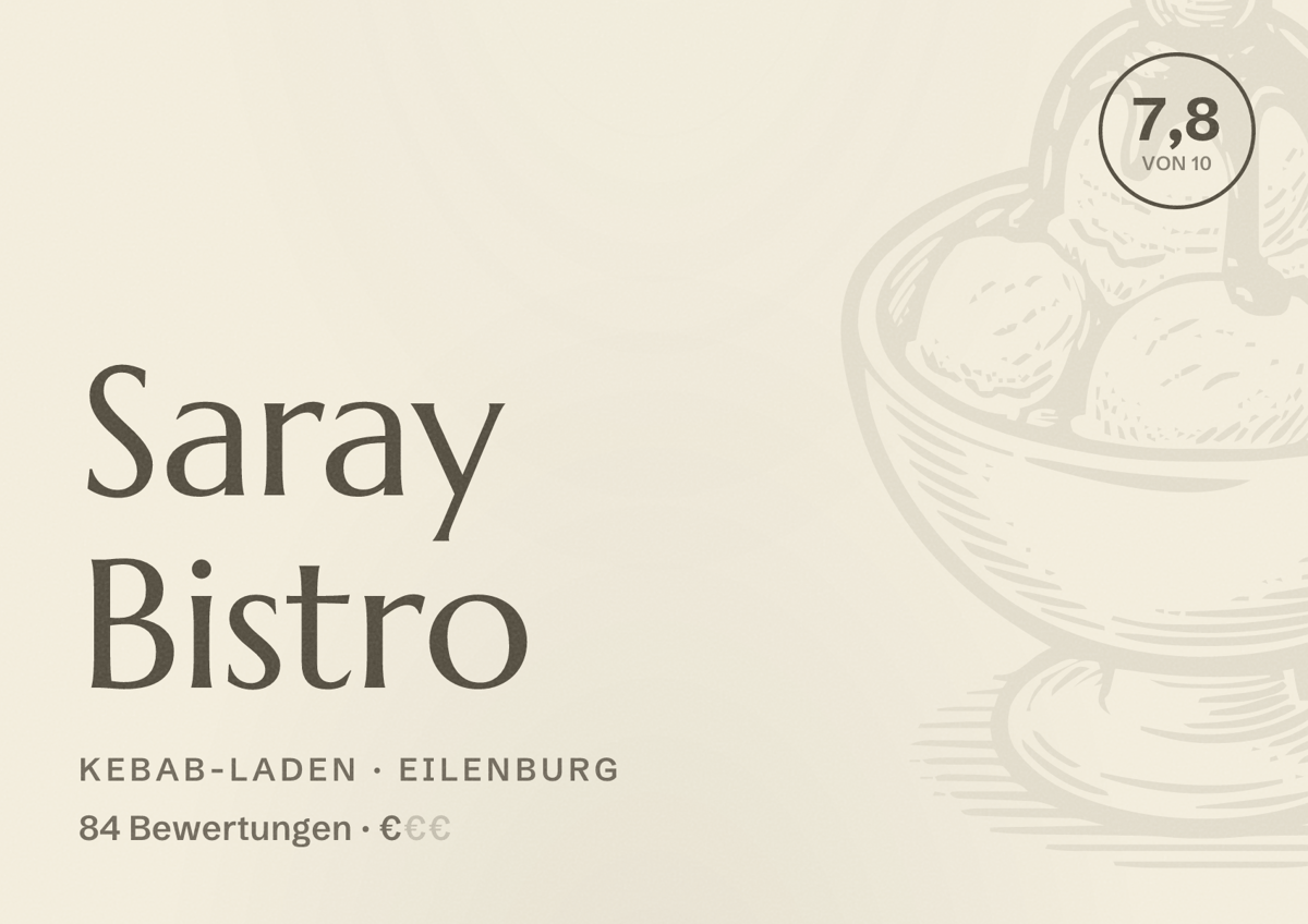 Illustriertes Poster von Saray Bistro, Kebab-Laden in Eilenburg: Bewertung 7,8 von 10 aus 84 Bewertungen, Preisniveau €
