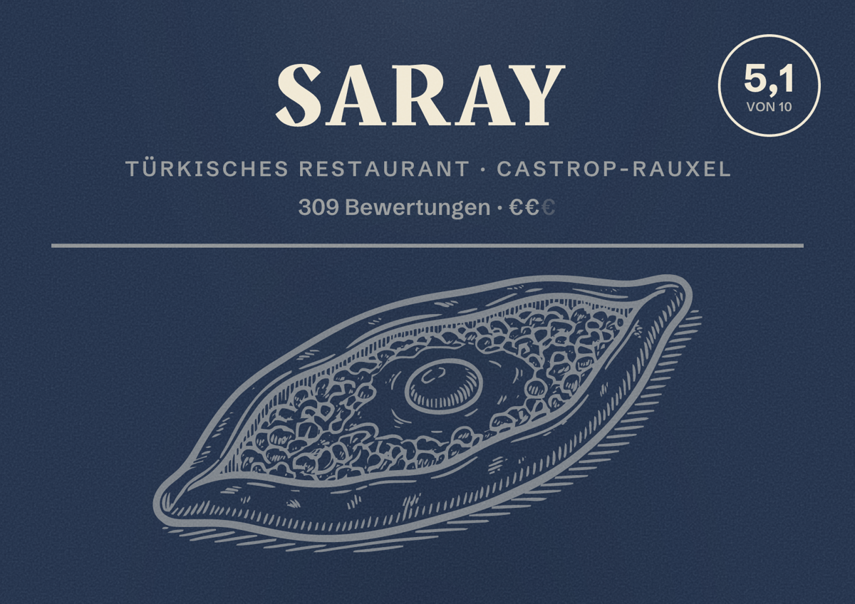 Illustriertes Poster von Saray, Türkisches Restaurant in Castrop-Rauxel: Bewertung 5,1 von 10 aus 309 Bewertungen, Preisniveau €€