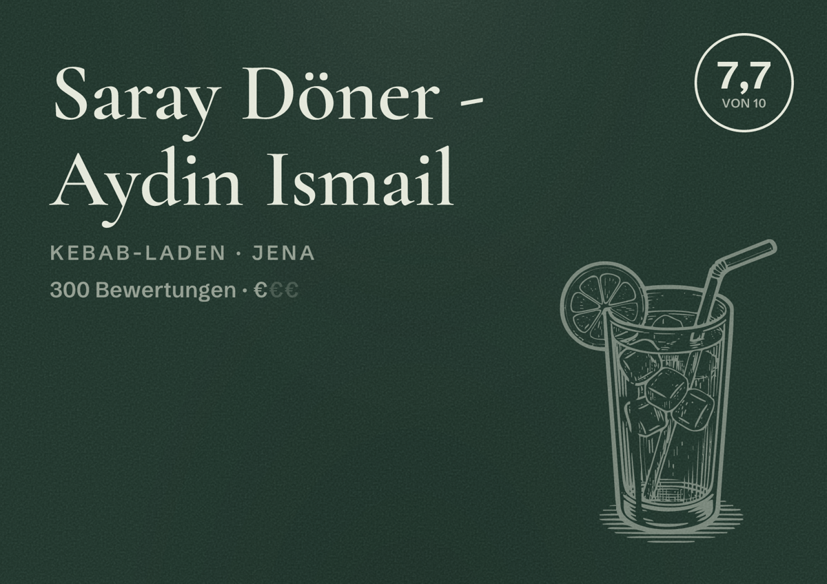 Illustriertes Poster von Saray Döner - Aydin Ismail, Kebab-Laden in Jena: Bewertung 7,7 von 10 aus 300 Bewertungen, Preisniveau €