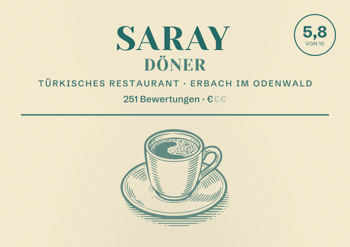 Illustriertes Poster von Saray Döner, Türkisches Restaurant in Erbach im Odenwald: Bewertung 5,8 von 10 aus 251 Bewertungen, Preisniveau €