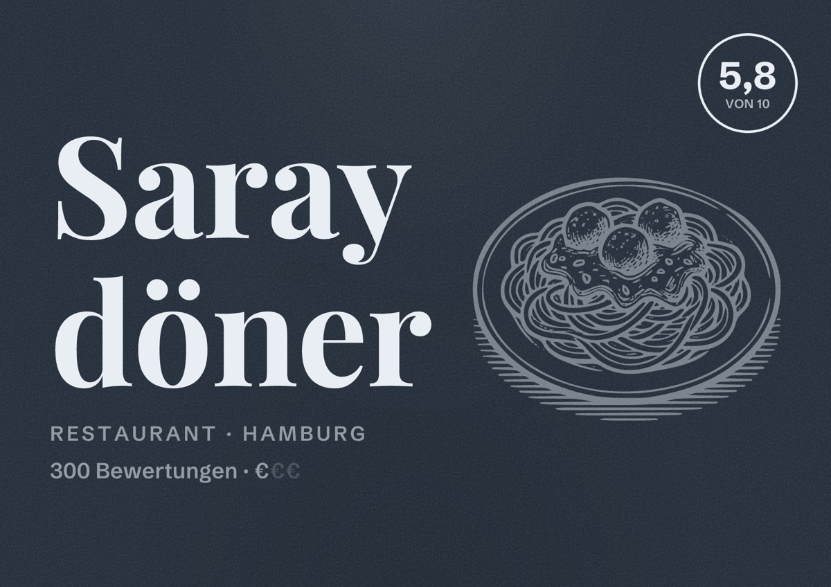 Illustriertes Poster von Saray döner, Restaurant in Hamburg: Bewertung 5,8 von 10 aus 300 Bewertungen, Preisniveau €