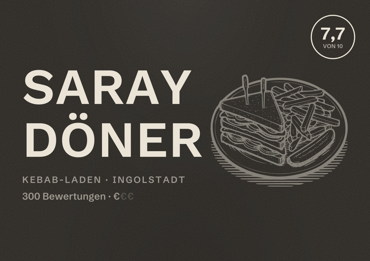 Illustriertes Poster von Saray Döner, Kebab-Laden in Ingolstadt: Bewertung 7,7 von 10 aus 300 Bewertungen, Preisniveau €