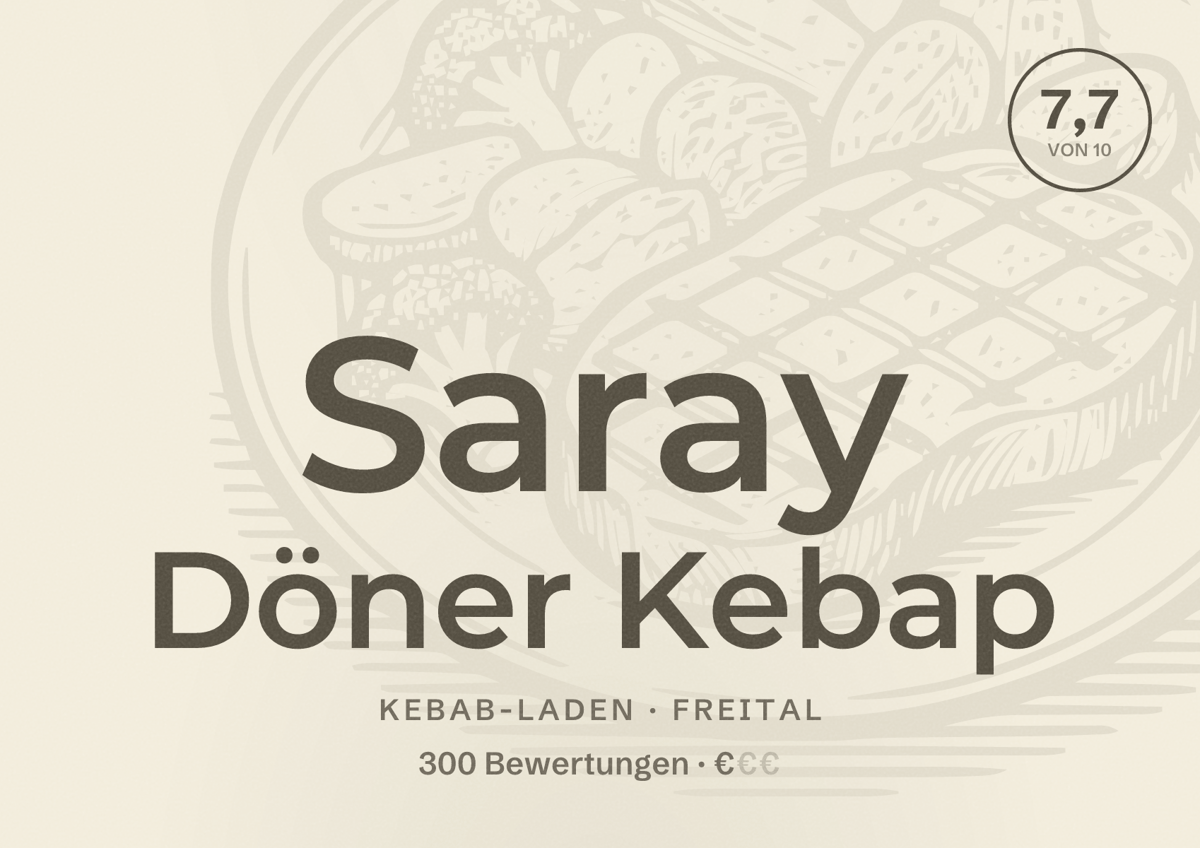 Illustriertes Poster von Saray Döner Kebap, Kebab-Laden in Freital: Bewertung 7,7 von 10 aus 300 Bewertungen, Preisniveau €