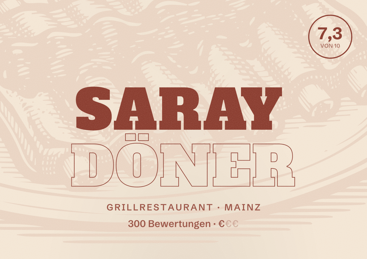 Illustriertes Poster von Saray Döner, Grillrestaurant in Mainz: Bewertung 7,3 von 10 aus 300 Bewertungen, Preisniveau €