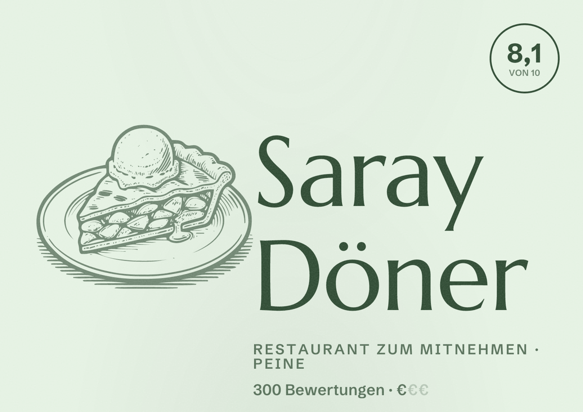 Illustriertes Poster von Saray Döner, Restaurant zum Mitnehmen in Peine: Bewertung 8,1 von 10 aus 300 Bewertungen, Preisniveau €