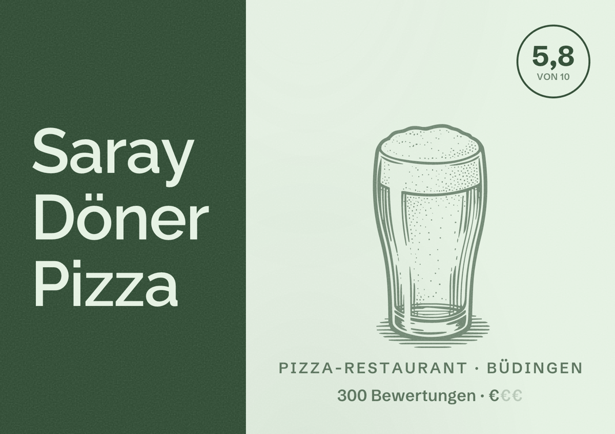 Illustriertes Poster von Saray Döner Pizza, Pizza-Restaurant in Büdingen: Bewertung 5,8 von 10 aus 300 Bewertungen, Preisniveau €
