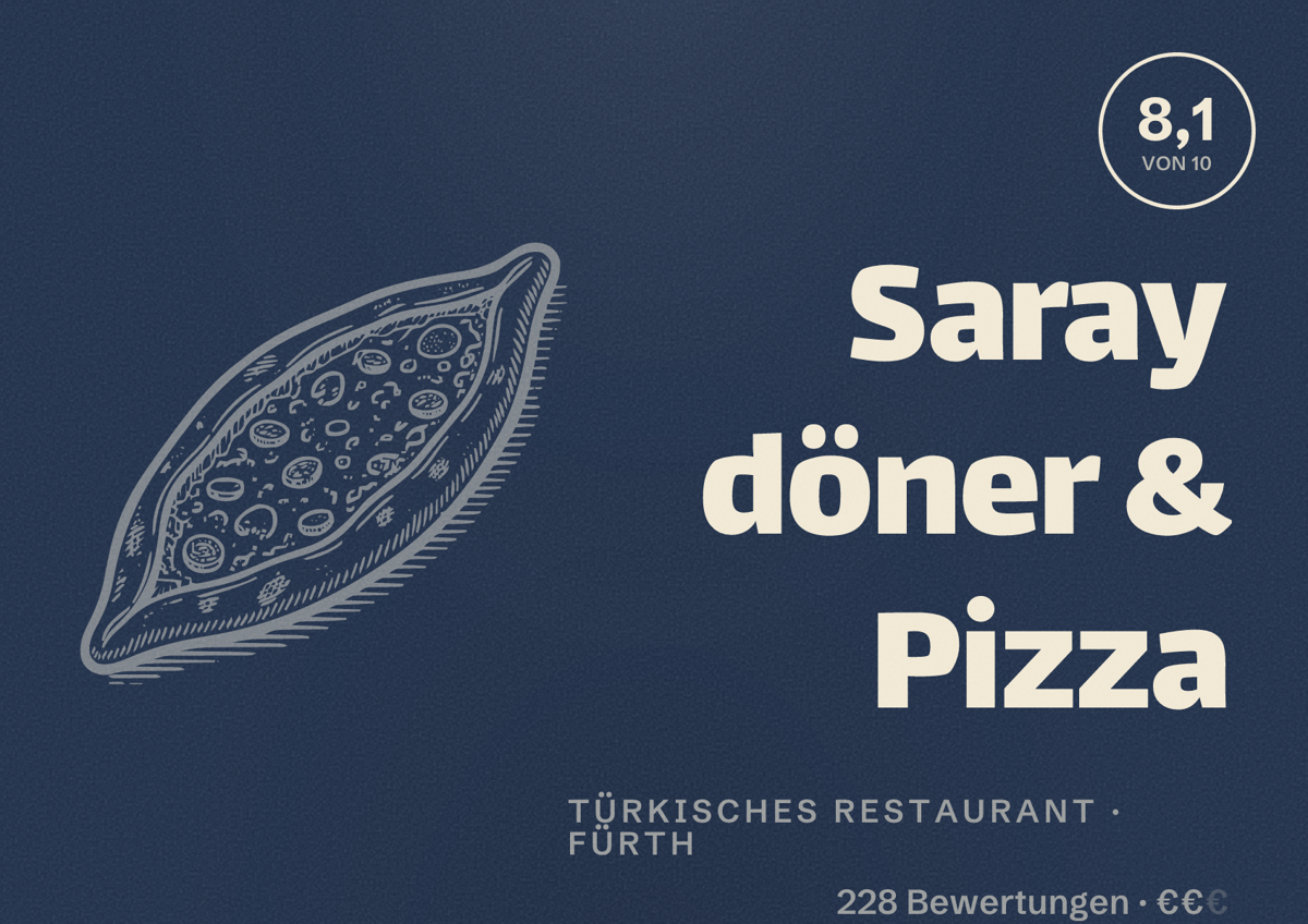 Illustriertes Poster von Saray döner & Pizza, Türkisches Restaurant in Fürth: Bewertung 8,1 von 10 aus 228 Bewertungen, Preisniveau €€