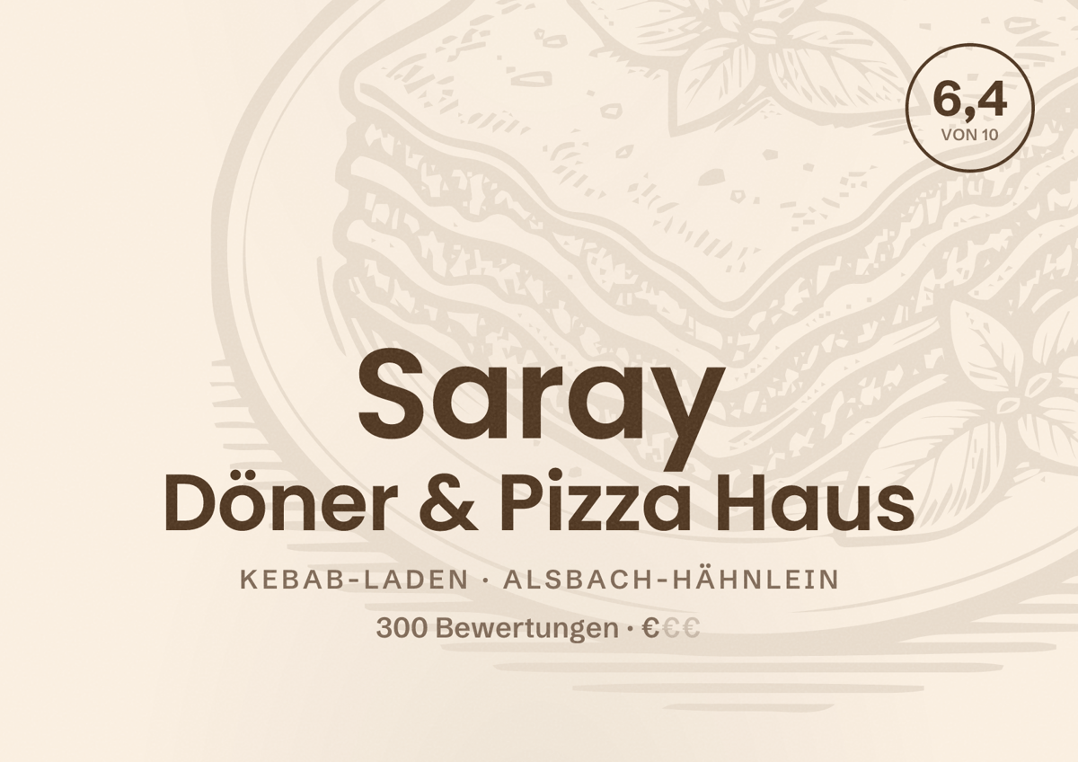 Illustriertes Poster von Saray Döner & Pizza Haus, Kebab-Laden in Alsbach-Hähnlein: Bewertung 6,4 von 10 aus 300 Bewertungen, Preisniveau €