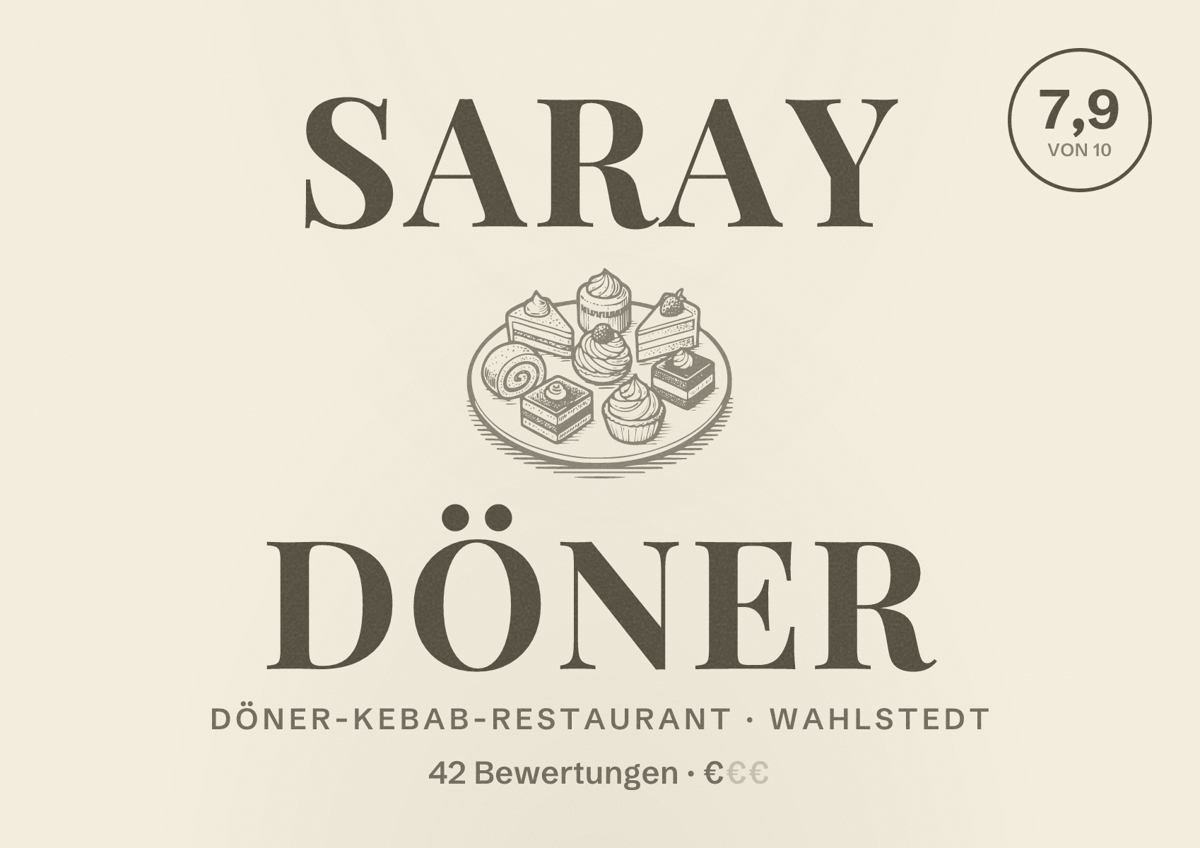 Illustriertes Poster von Saray Döner, Döner-Kebab-Restaurant in Wahlstedt: Bewertung 7,9 von 10 aus 42 Bewertungen, Preisniveau €