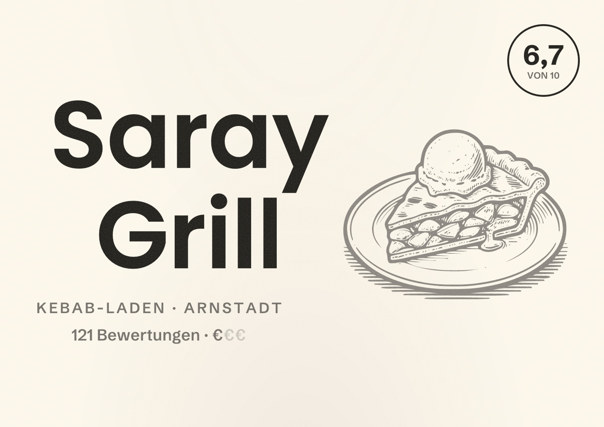 Illustriertes Poster von Saray Grill, Kebab-Laden in Arnstadt: Bewertung 6,7 von 10 aus 121 Bewertungen, Preisniveau €