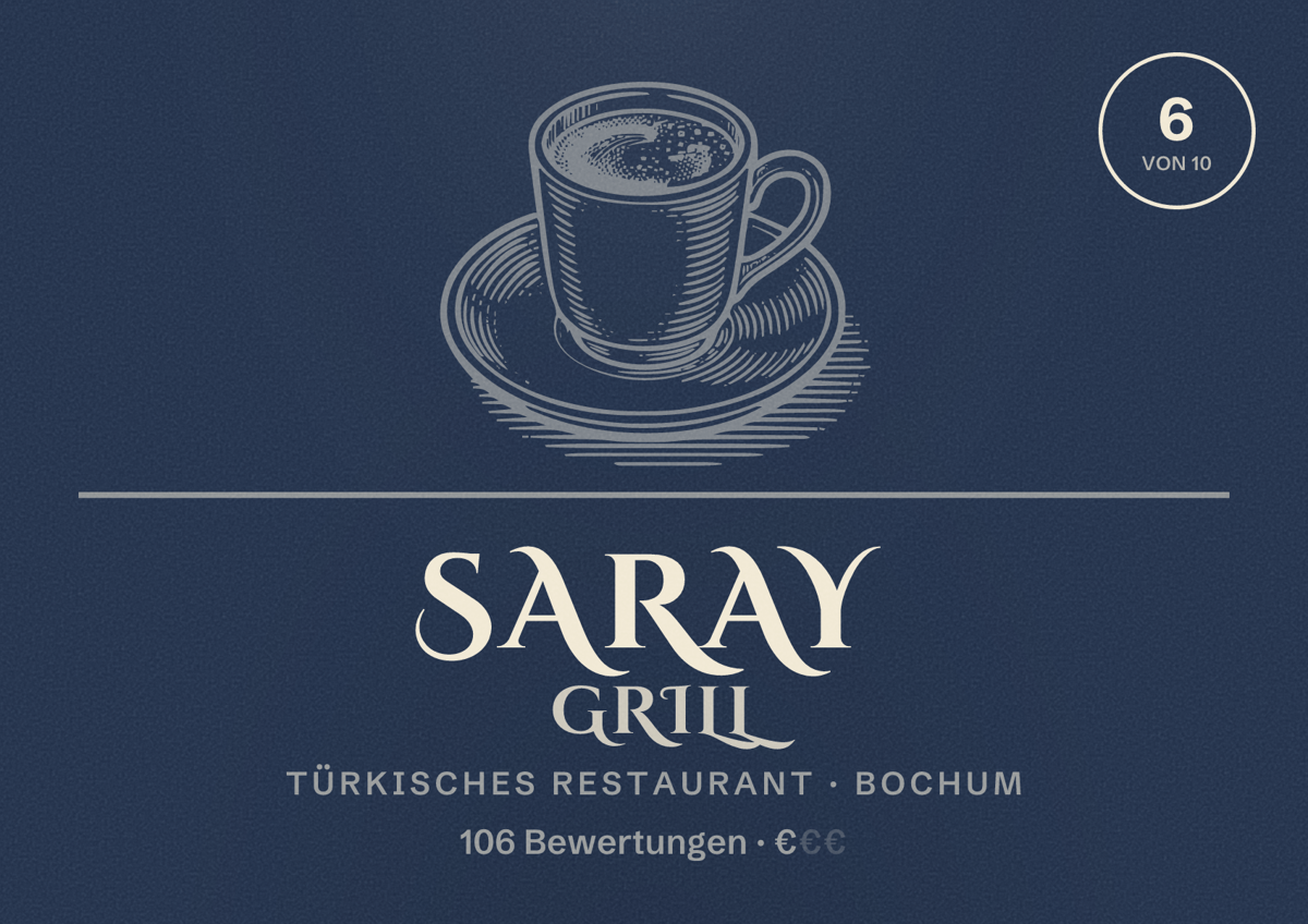 Illustriertes Poster von Saray Grill, Türkisches Restaurant in Bochum: Bewertung 6 von 10 aus 106 Bewertungen, Preisniveau €