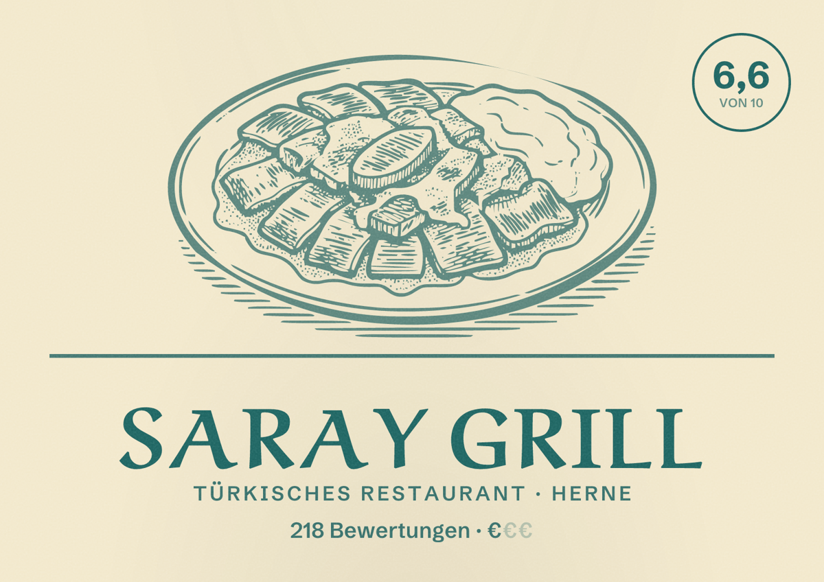 Illustriertes Poster von Saray Grill, Türkisches Restaurant in Herne: Bewertung 6,6 von 10 aus 218 Bewertungen, Preisniveau €