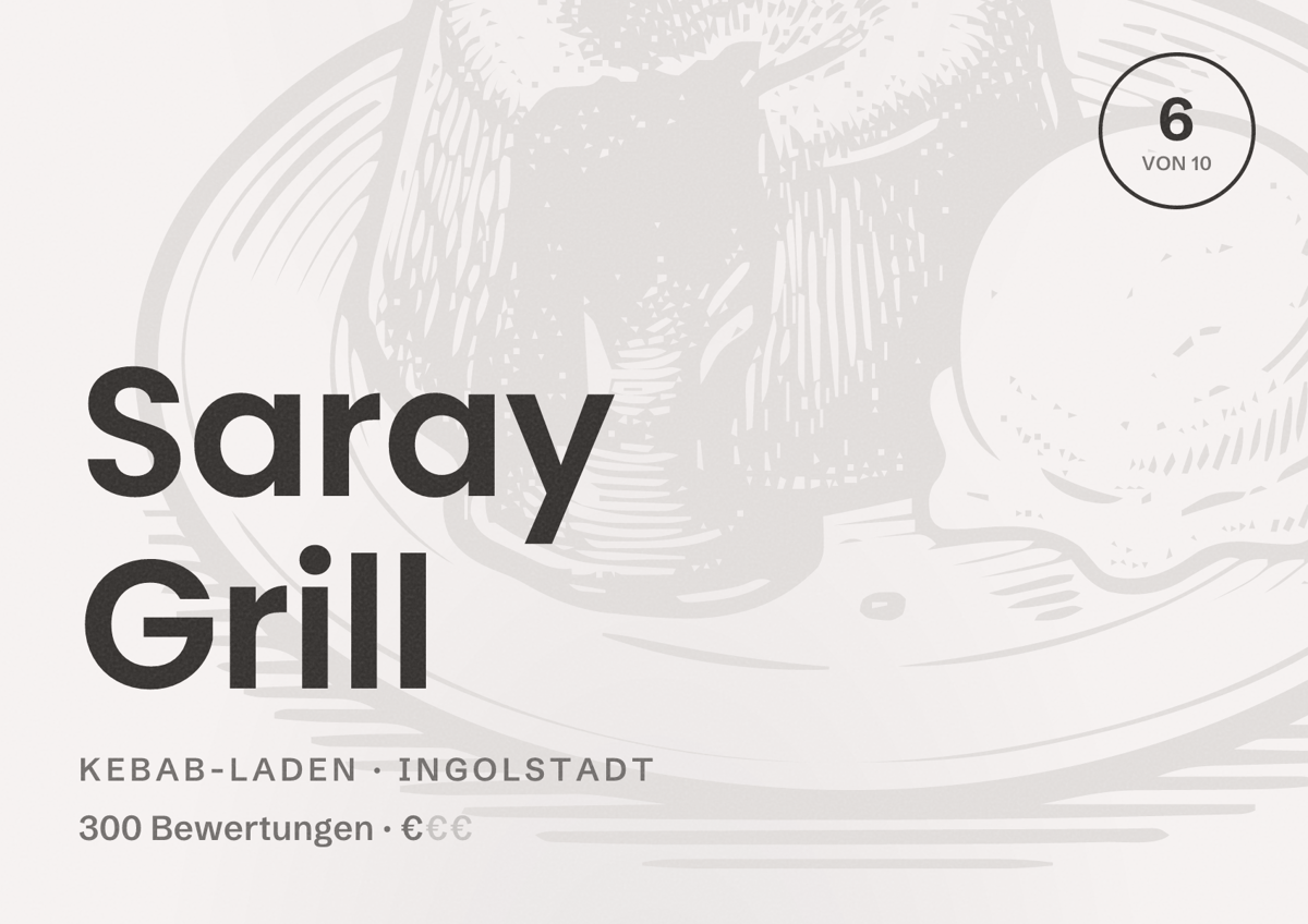 Illustriertes Poster von Saray Grill, Kebab-Laden in Ingolstadt: Bewertung 6 von 10 aus 300 Bewertungen, Preisniveau €