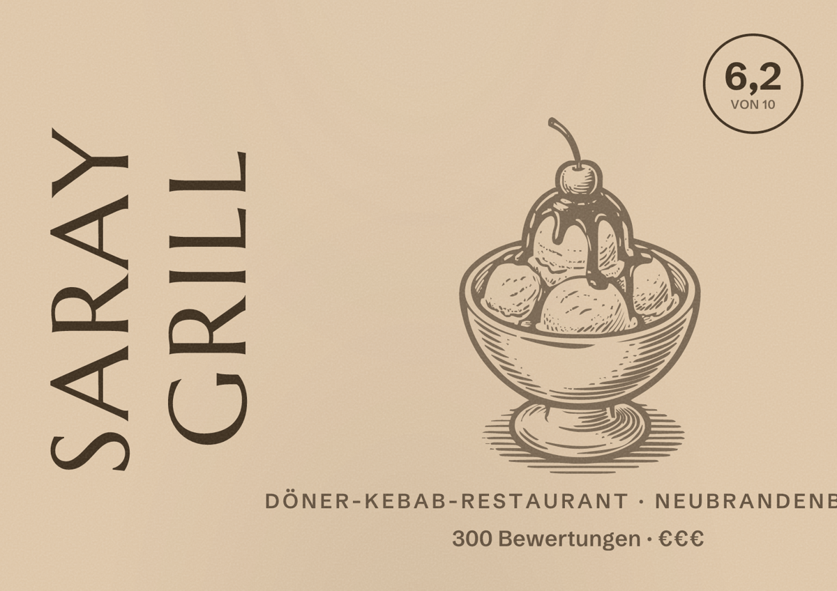 Illustriertes Poster von Saray Grill, Döner-Kebab-Restaurant in Neubrandenburg: Bewertung 6,2 von 10 aus 300 Bewertungen, Preisniveau €€€