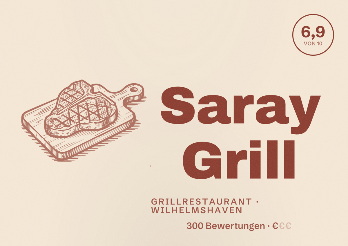 Illustriertes Poster von Saray Grill, Grillrestaurant in Wilhelmshaven: Bewertung 6,9 von 10 aus 300 Bewertungen, Preisniveau €