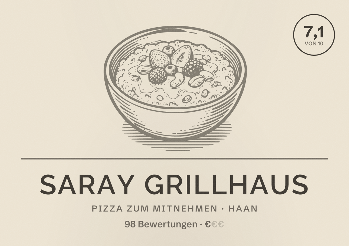 Illustriertes Poster von Saray Grillhaus, Pizza zum Mitnehmen in Haan: Bewertung 7,1 von 10 aus 98 Bewertungen, Preisniveau €