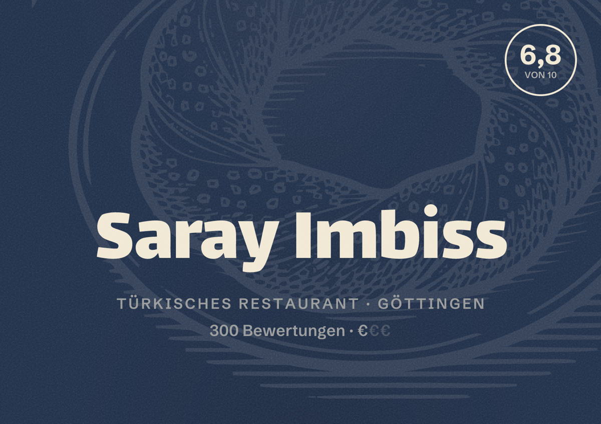 Illustriertes Poster von Saray Imbiss, Türkisches Restaurant in Göttingen: Bewertung 6,8 von 10 aus 300 Bewertungen, Preisniveau €