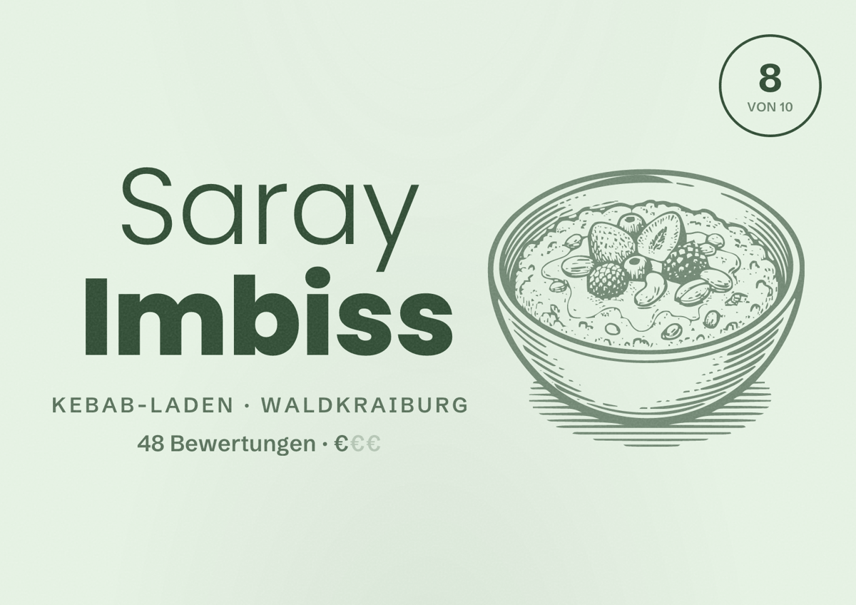 Illustriertes Poster von Saray Imbiss, Kebab-Laden in Waldkraiburg: Bewertung 8 von 10 aus 48 Bewertungen, Preisniveau €