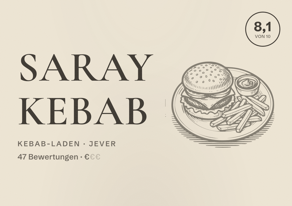 Illustriertes Poster von Saray Kebab, Kebab-Laden in Jever: Bewertung 8,1 von 10 aus 47 Bewertungen, Preisniveau €