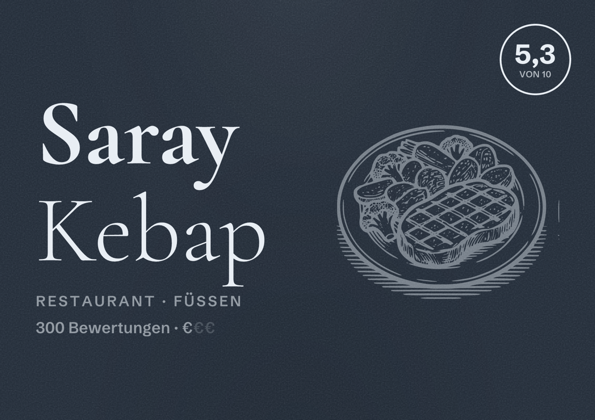 Illustriertes Poster von Saray Kebap, Restaurant in Füssen: Bewertung 5,3 von 10 aus 300 Bewertungen, Preisniveau €