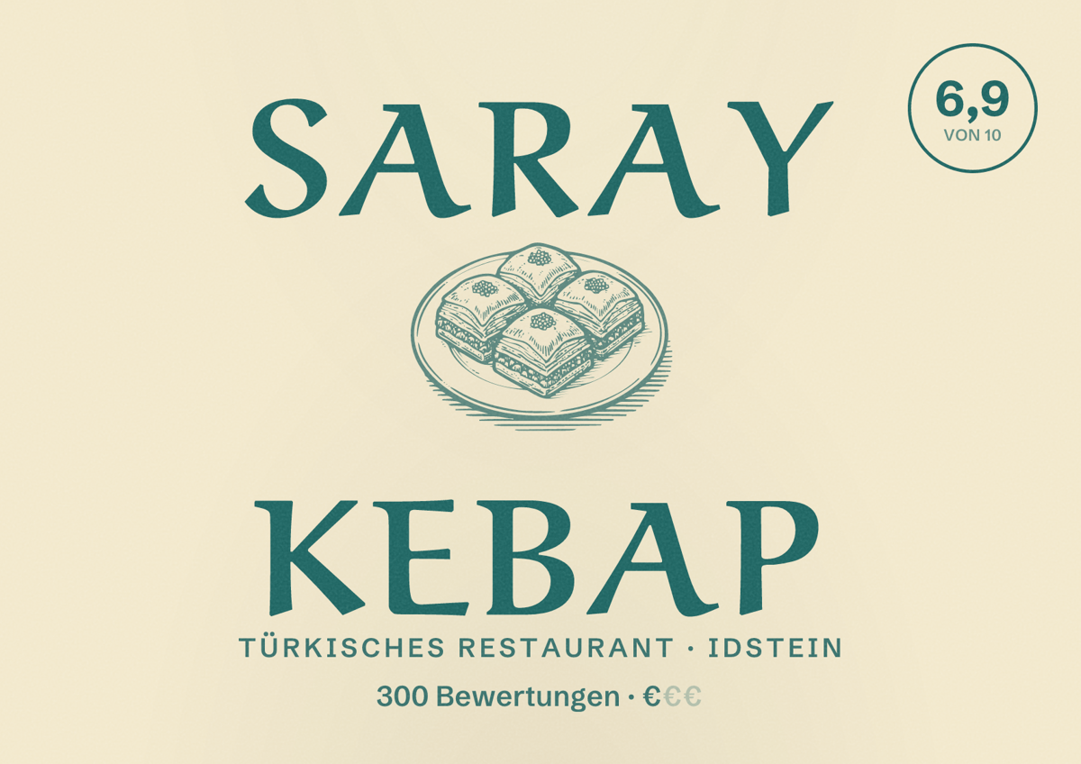 Illustriertes Poster von Saray Kebap, Türkisches Restaurant in Idstein: Bewertung 6,9 von 10 aus 300 Bewertungen, Preisniveau €