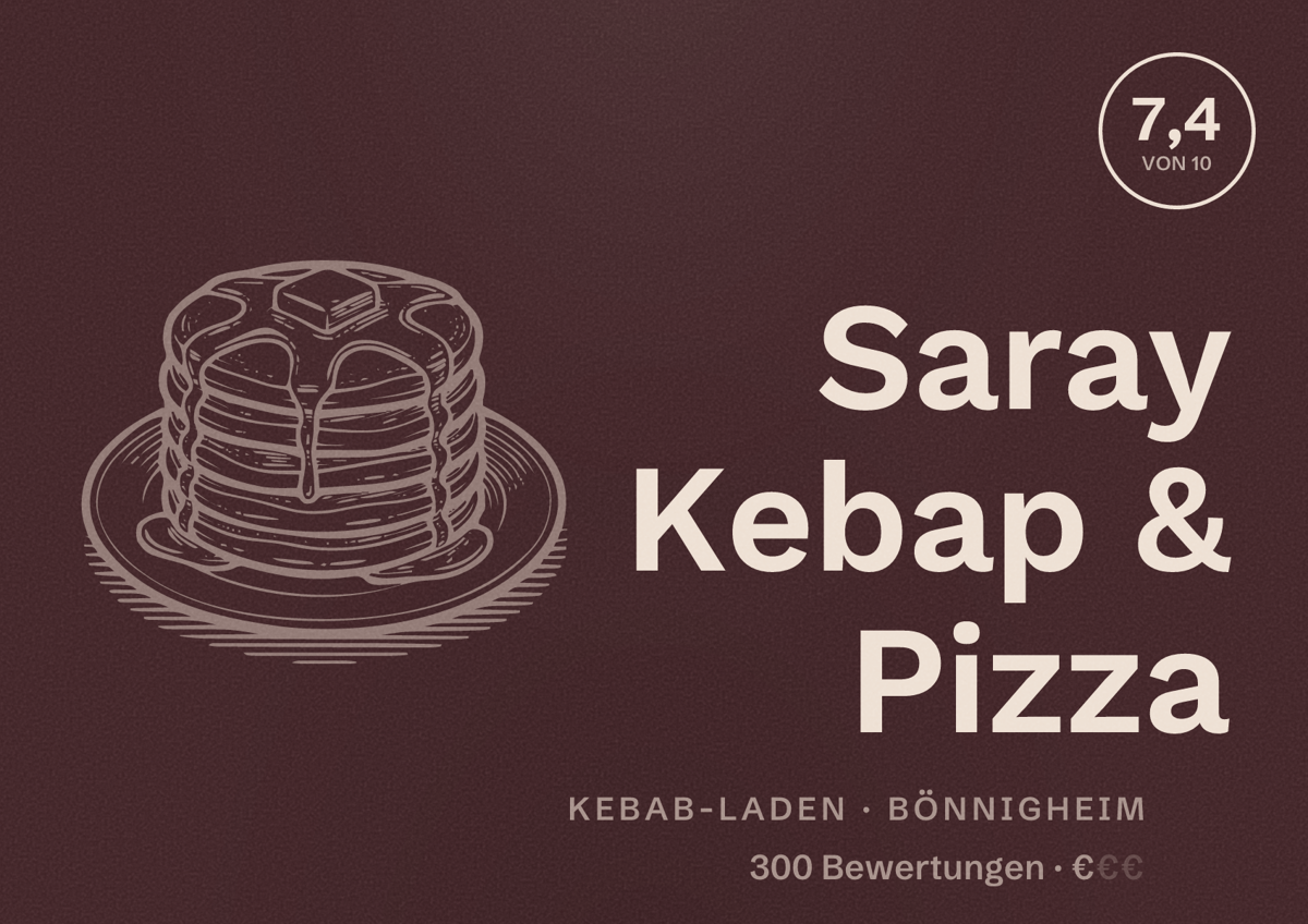 Illustriertes Poster von Saray Kebap & Pizza, Kebab-Laden in Bönnigheim: Bewertung 7,4 von 10 aus 300 Bewertungen, Preisniveau €