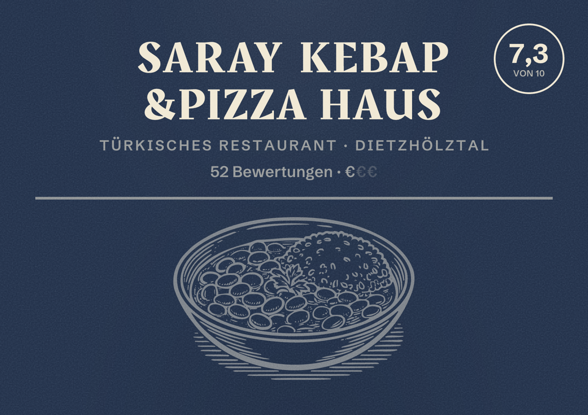 Illustriertes Poster von Saray Kebap &Pizza Haus, Türkisches Restaurant in Dietzhölztal: Bewertung 7,3 von 10 aus 52 Bewertungen, Preisniveau €