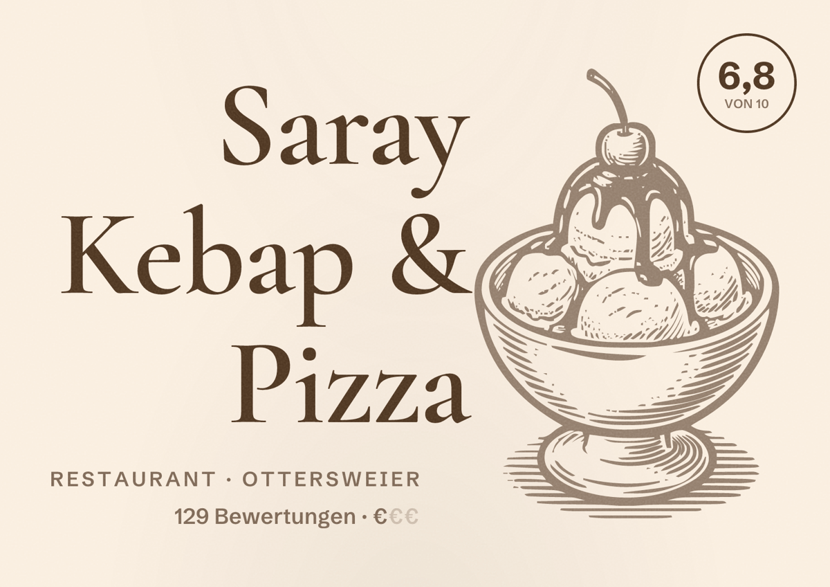 Illustriertes Poster von Saray Kebap & Pizza, Restaurant in Ottersweier: Bewertung 6,8 von 10 aus 129 Bewertungen, Preisniveau €