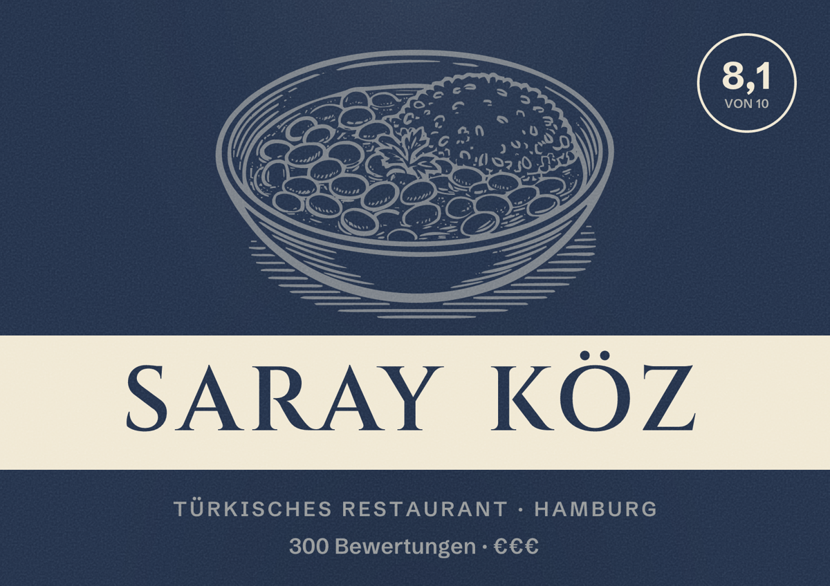 Illustriertes Poster von Saray Köz, Türkisches Restaurant in Hamburg: Bewertung 8,1 von 10 aus 300 Bewertungen, Preisniveau €€€