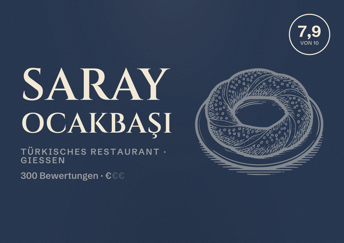 Illustriertes Poster von Saray Ocakbaşı, Türkisches Restaurant in Gießen: Bewertung 7,9 von 10 aus 300 Bewertungen, Preisniveau €