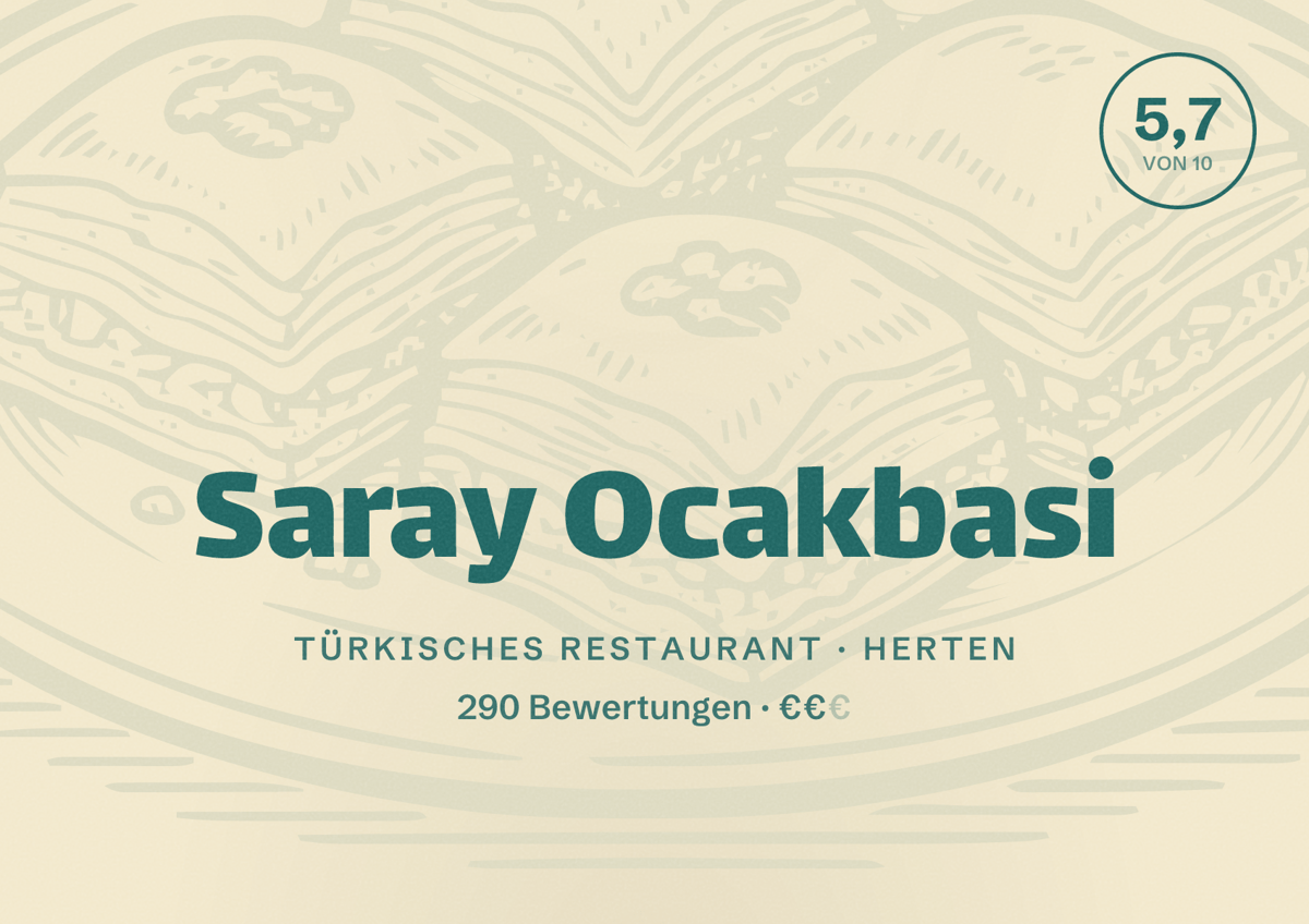 Illustriertes Poster von Saray Ocakbasi, Türkisches Restaurant in Herten: Bewertung 5,7 von 10 aus 290 Bewertungen, Preisniveau €€