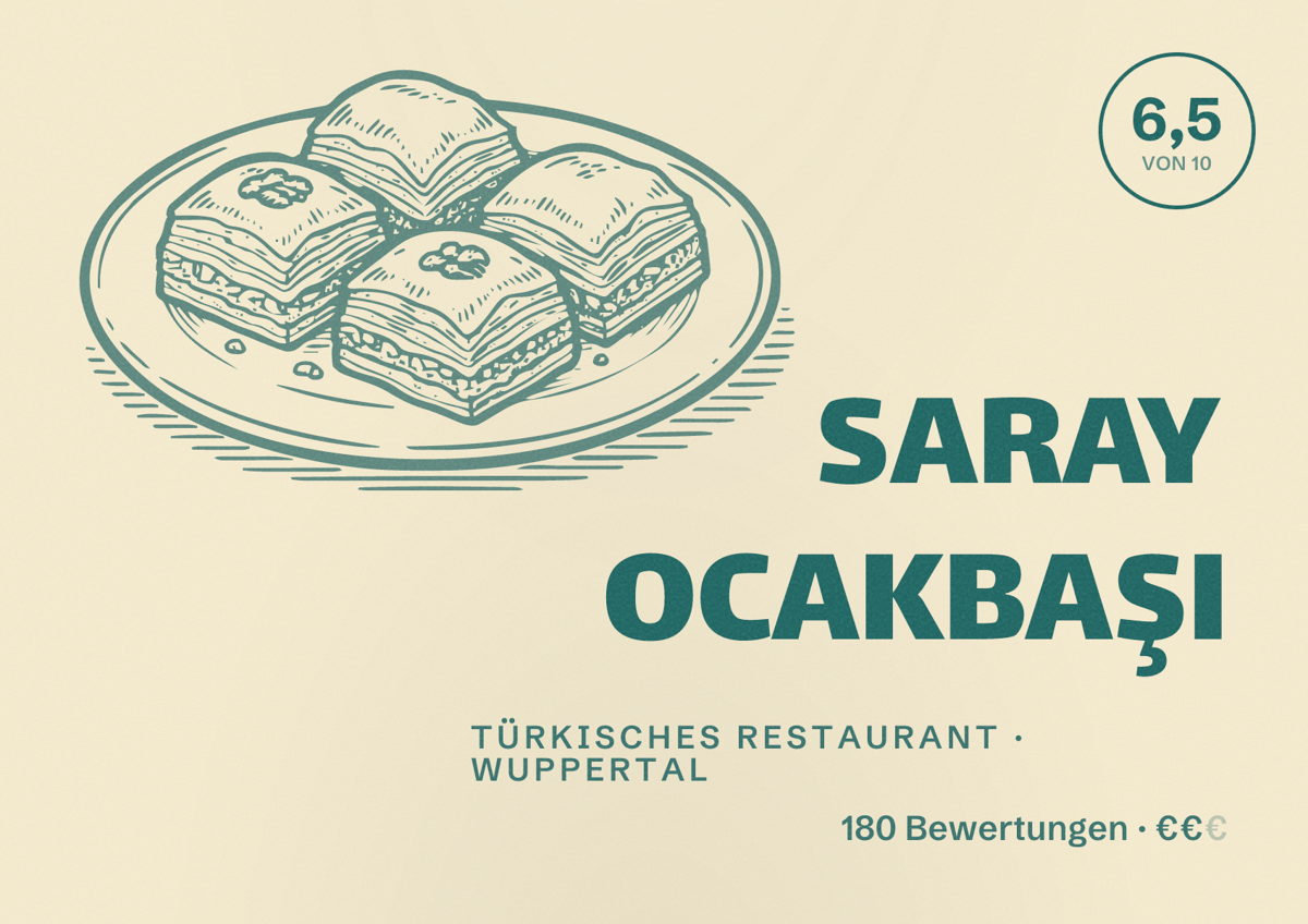 Illustriertes Poster von SARAY OCAKBAŞI, Türkisches Restaurant in Wuppertal: Bewertung 6,5 von 10 aus 180 Bewertungen, Preisniveau €€