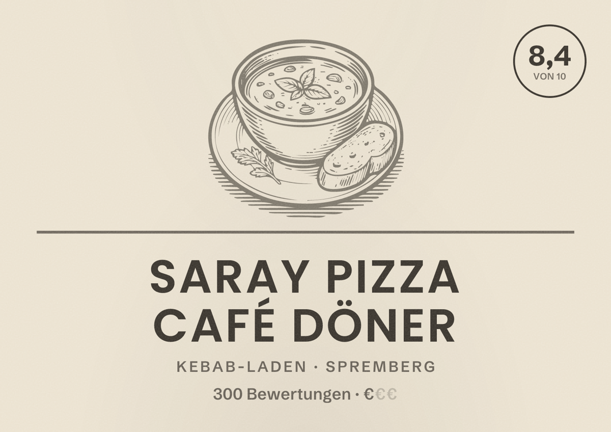 Illustriertes Poster von Saray Pizza Café Döner, Kebab-Laden in Spremberg: Bewertung 8,4 von 10 aus 300 Bewertungen, Preisniveau €