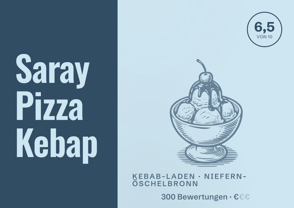 Illustriertes Poster von Saray Pizza Kebap, Kebab-Laden in Niefern-Öschelbronn: Bewertung 6,5 von 10 aus 300 Bewertungen, Preisniveau €