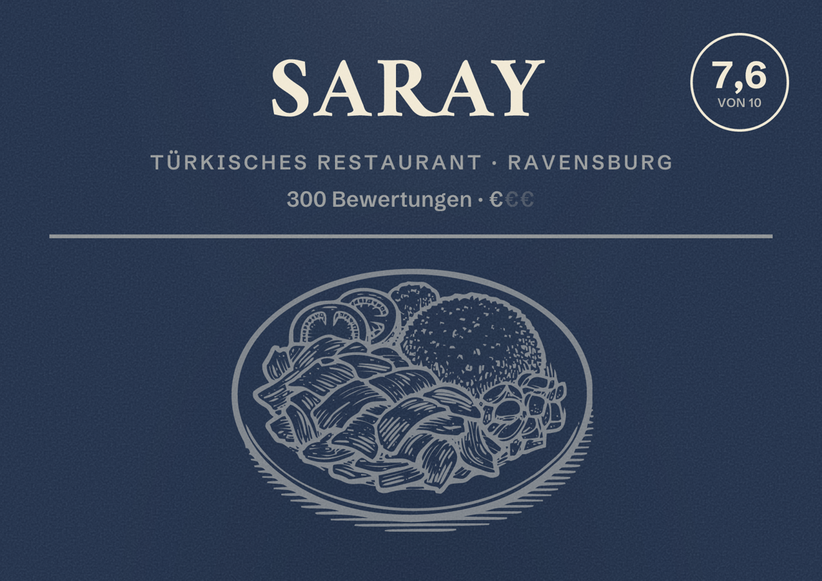 Illustriertes Poster von Saray, Türkisches Restaurant in Ravensburg: Bewertung 7,6 von 10 aus 300 Bewertungen, Preisniveau €