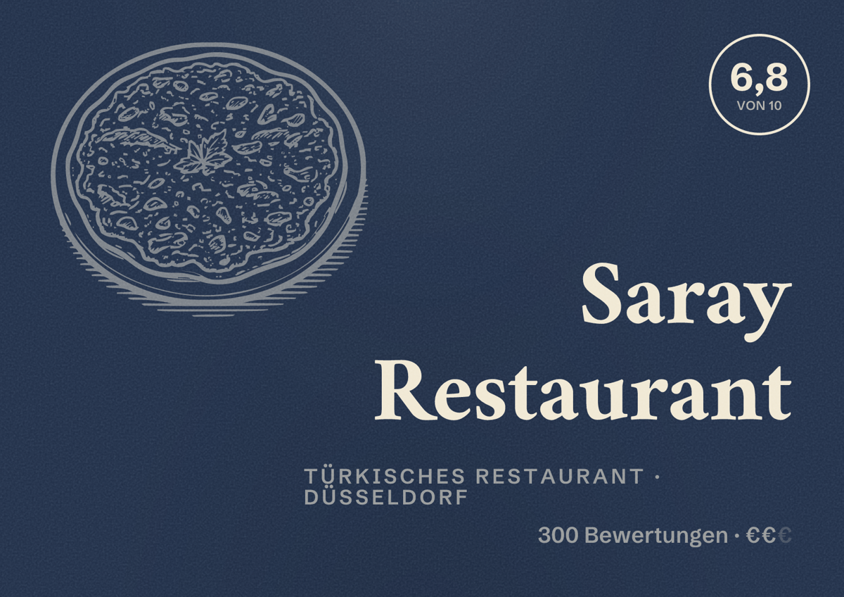 Illustriertes Poster von Saray Restaurant, Türkisches Restaurant in Düsseldorf: Bewertung 6,8 von 10 aus 300 Bewertungen, Preisniveau €€
