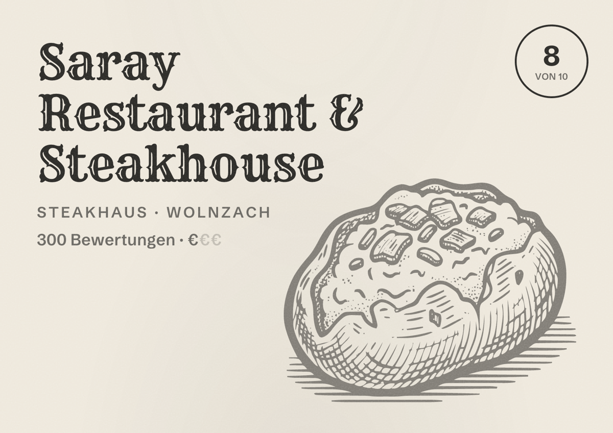 Illustriertes Poster von Saray Restaurant & Steakhouse, Steakhaus in Wolnzach: Bewertung 8 von 10 aus 300 Bewertungen, Preisniveau €