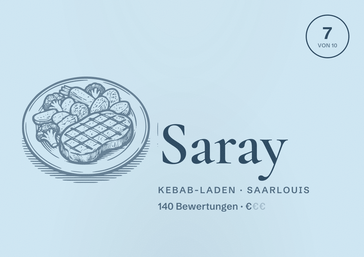 Illustriertes Poster von Saray, Kebab-Laden in Saarlouis: Bewertung 7 von 10 aus 140 Bewertungen, Preisniveau €